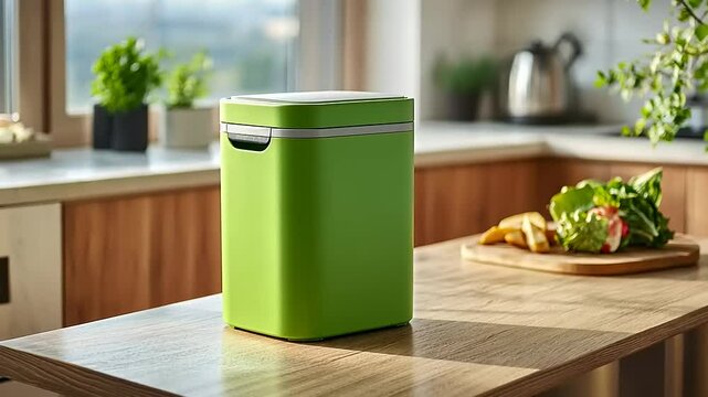 A vibrant green kitchen trash bin on a wooden countertop with plants and food in the background.
