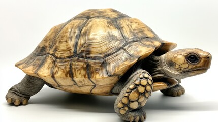 Obraz premium A tortoise faces right, its head subtly tilted left, showcasing intricate details on its shell's texture and patterns against a soft background, capturing nature’s elegance in each curve