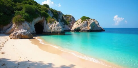 Secluded cove, fine sand, clear water, rocky headland , rock, cove