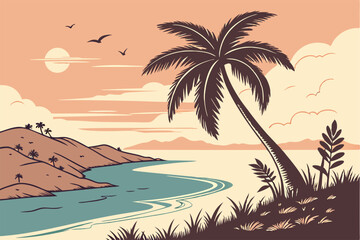 Tropical Beach at Sunset with Island
