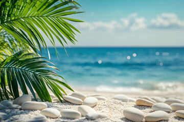 Obraz premium Serene Tropical Beach Escape, Palm Fronds, White Stones, and Turquoise Sea