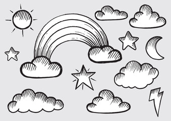 Hand-drawn seamless pattern with cute clouds and rainbow