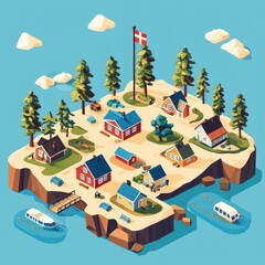 Fototapeta premium Idyllic Island Village with Colorful Cottages and Scenic Waterways