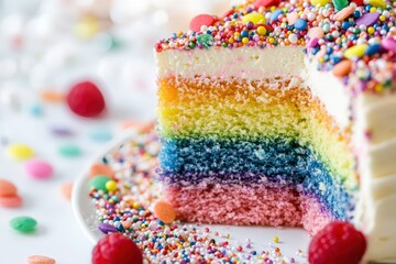 A vibrant slice of rainbow cake with rich layers, topped with sprinkles and frosting, served on a plate with scattered decorations.