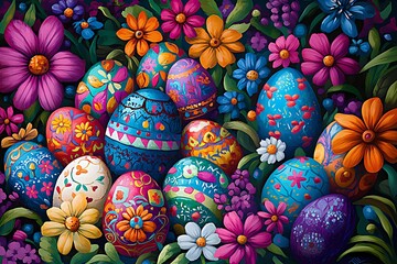Obraz premium the spring background of the Easter holiday. painted eggs with flowers. a bright postcard