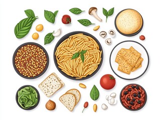 Naklejka premium A vibrant assortment of fresh ingredients for a pasta dish, featuring herbs, vegetables, and various pasta types arranged artistically on a white background