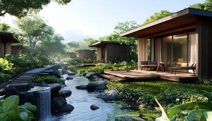 Obraz premium Modern jungle resort bungalows beside stream.