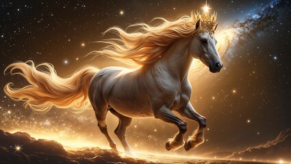 Naklejka premium Majestic Celestial Steed with a Fiery Aura, Golden Energy, and a Swirling Galaxy Backdrop in a Dreamlike Fantasy Scene