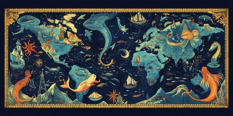 An illustrated fantasy world map with nautical creatures and sailing ships