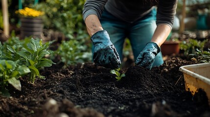Person planting seedling in garden bed with other plants, used for gardening content