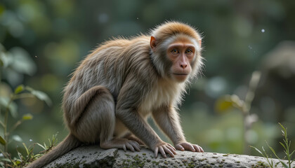 Obraz premium Monkey Sitting Alert on Rock in Natural Habitat Looking Forward