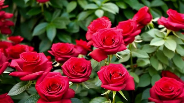 Beautiful Red Roses in Bloom with Green Foliage Background slow motion