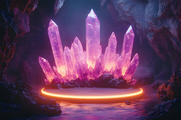 Spectacular crystal display on a glowing podium with captivating light refraction inside a cavernous space