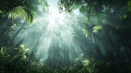 Lush Green Tropical Forest Sunlight Beams Through Canopy
