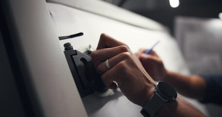 Hands, designer and drawing with ruler, canvas and lines for architecture, editing or process at company. Person, board and paper with tools, writing or sketch for project management at design agency