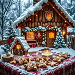 Cozy cottage with gingerbread cookies on a table, cottage, winter, festive