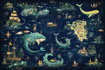 Naklejka premium A decorative illustrated map depicting sea creatures and islands