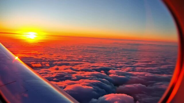 Scenic Aerial View of Sunset Above the Clouds from Airplane Window slow motion