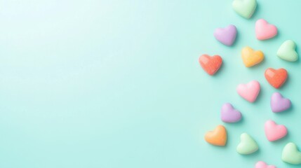 Vibrant heart shaped candies on pastel background for valentine's design and decoration