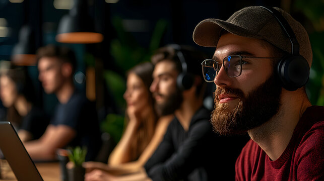 Focused man wearing glasses and headphones in a working group - Powered by Adobe