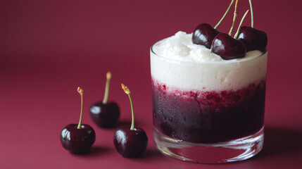 A refreshing cherry drink topped with whipped cream, set against a rich red backdrop, embodying a vibrant summer theme.