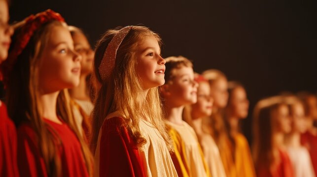 Diverse group of students performing a play on stage with joyful expressions - Powered by Adobe