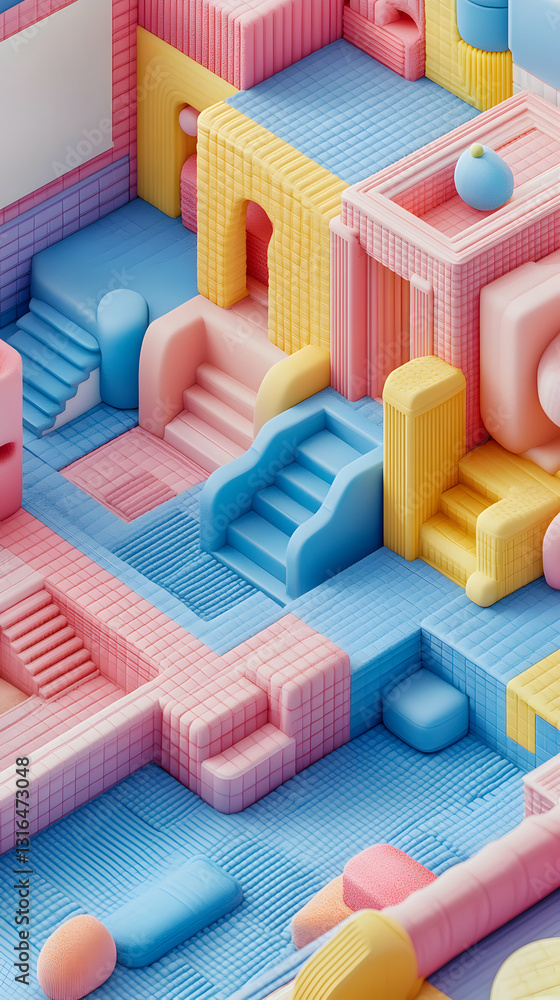 Poster vibrant 3d render of creative space with playful architectural elements