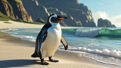 Obraz premium Surreal Juxtaposition of a Penguin on a Warm Tropical Shore with Golden Sand, Crystal Clear Waves, and a High-Resolution National Geographic Style Look