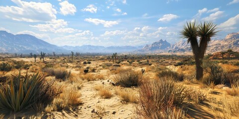 Desert Landscape, Mountains, Joshua Tree, Cacti, Sand, Sky, Clouds, Arid, Plants, Scenery