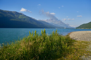 Lake Silvaplana. Landscape with mountains and blue sky in summer. Nobody. Swiss.