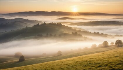 Serene Dawn Over Rolling Hills and Misty Landscape in Warm Sunrise Light