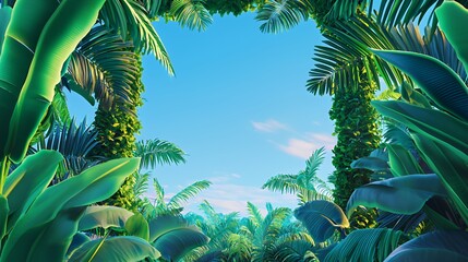 Lush Green Tropical Jungle Landscape with Bright Blue Sky