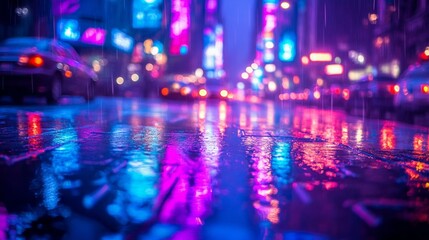 Obraz premium Neon lights flicker and reflect on wet pavement as raindrops create a lively dance on the ground. Cars pass by, illuminating the vibrant urban atmosphere, filled with energy and color