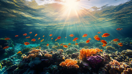 Obraz premium Vibrant coral reef ecosystem teeming with colorful fish under ocean sunlight