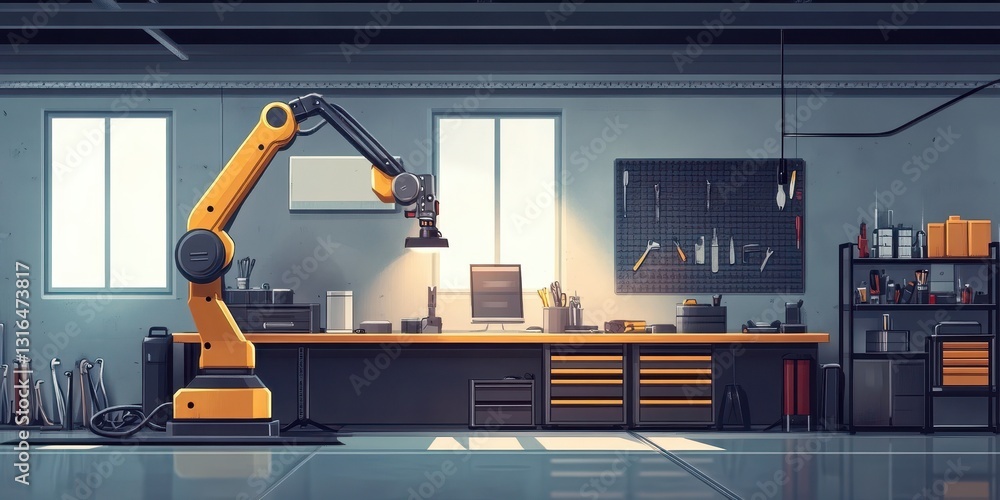 Aufkleber an automated industrial robot arm working inside a workshop environment