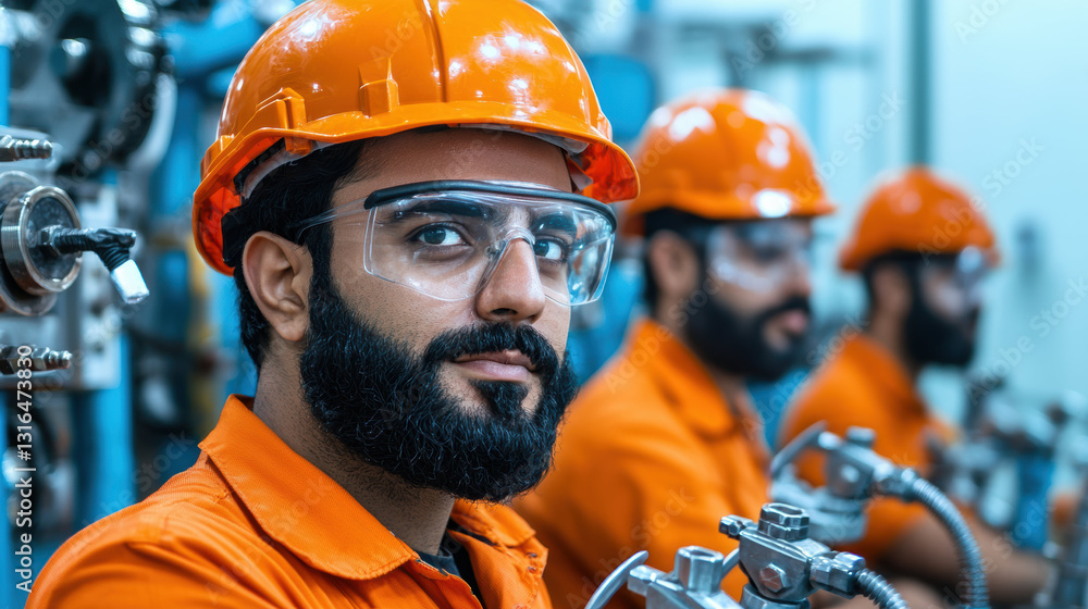 Poster group of factory operators wearing orange uniforms and helmets, focused on their tasks