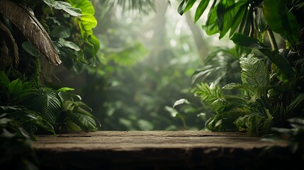 Lush Green Tropical Jungle Forest Background with Wooden Table