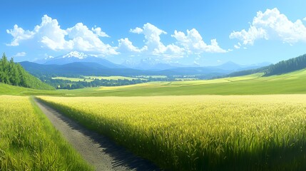 Fototapeta premium Sunny Day in a Yellow Flower Field with Mountain View