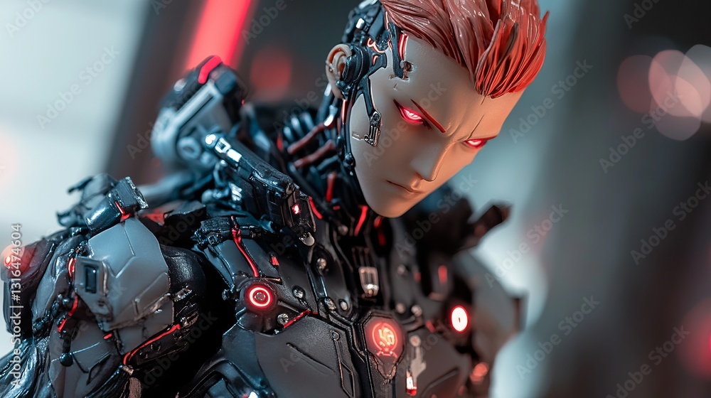Poster cyberpunk red eyes android robot figure futuristic sci fi action pose detailed mechanical design pow