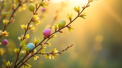 Fototapeta premium Decorazioni di primavera e di Pasqua: rami in fiore e uova decorate