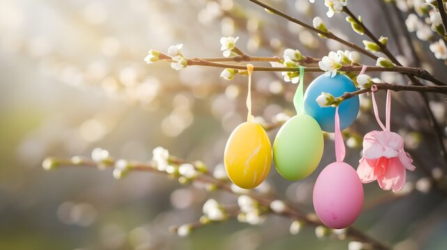 Decorazioni di primavera e di Pasqua: rami in fiore e uova decorate