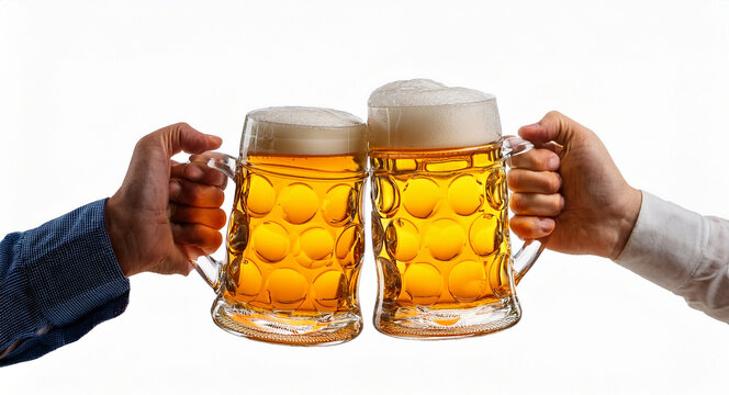 deux personnes trinquant avec leur chope de bi&egrave;re, en gros plan