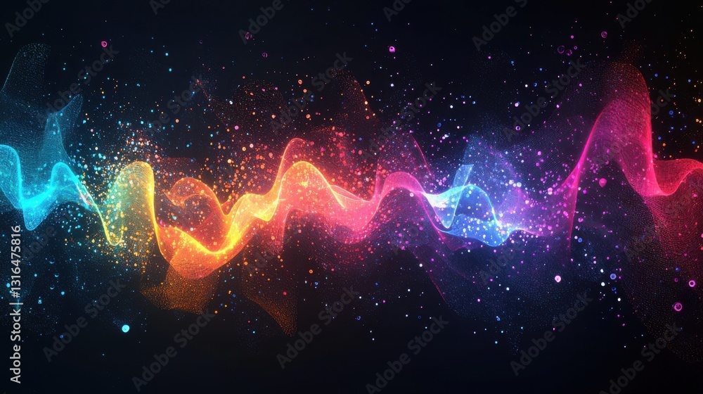 Poster colorful abstract waves with sparkles and light effects in a dark background for digital art and des