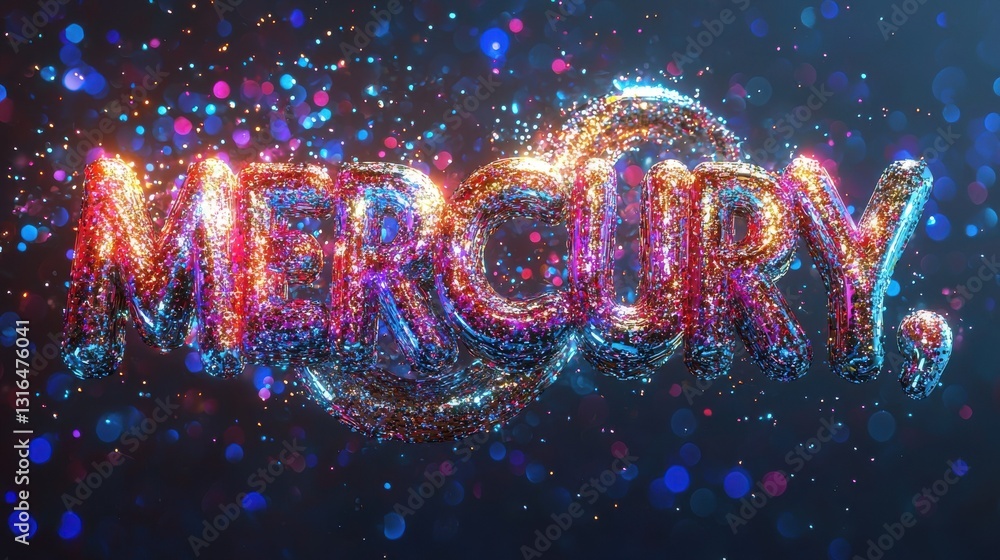 Aufkleber shimmering and colorful mercury text with glitter effect on a dark background