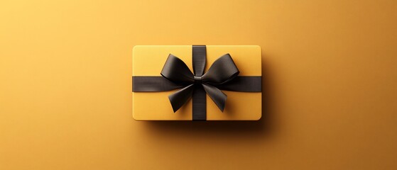 Yellow gift with black ribbon on yellow background, centered