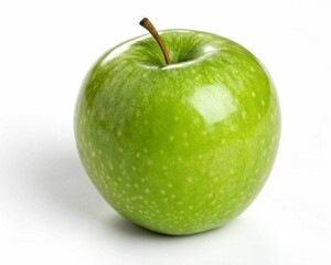 Close-up of a green, healthy apple on a white background.