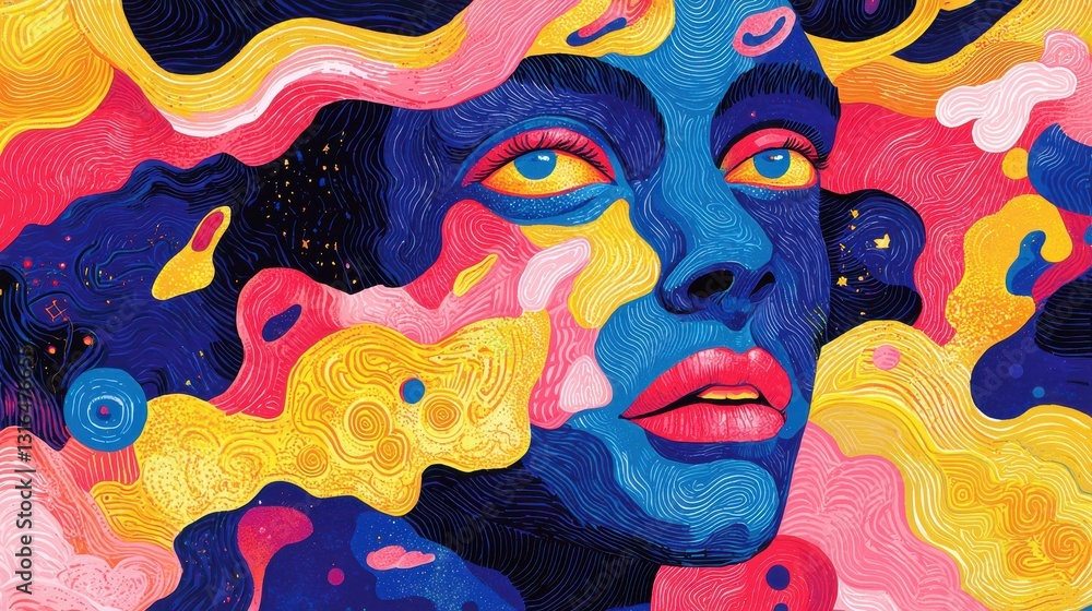 Poster vibrant abstract portrait with surreal colors and fluid patterns evoking emotion and artistic expres