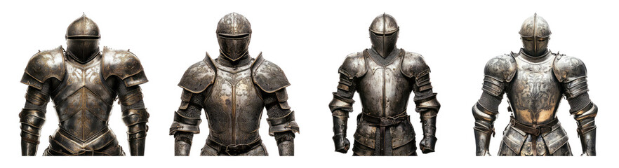 Detailed View of Vintage Knight Armor Set in Four Perspectives, Isolated on Transparent Background