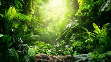 Lush Green Tropical Jungle Path Sunlight