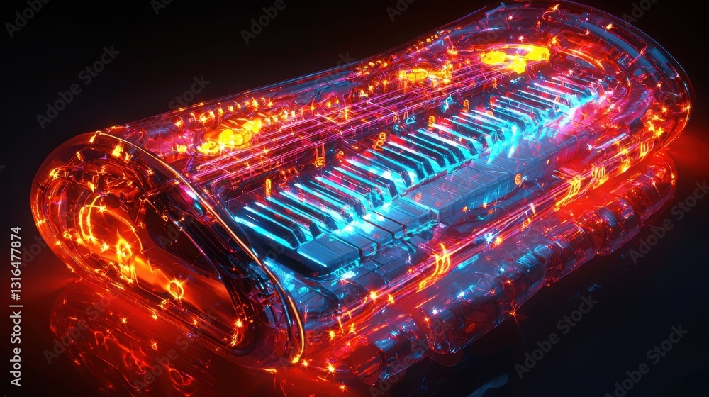 Poster futuristic transparent synthesizer with glowing neon elements in a dark environment